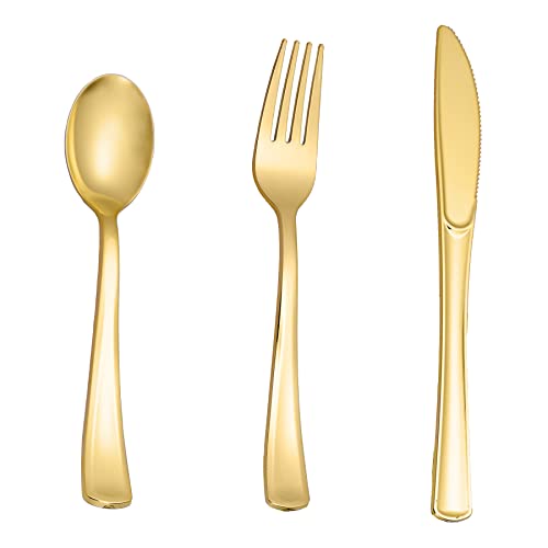 N9R 160pcs Gold Plastic Silverware - Gold Plastic Utensils Set - Tableware Flatware Kit 80 Forks, 40 Spoons, 40 Knives Disposable Cutlery Set for Party, Wedding, Birthday - color: Gold-160Pack