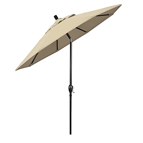 California Umbrella 9' Round Aluminum Market Umbrella, Crank Lift, Push Button Tilt, Black Pole, Sunbrella Antique Beige - color: Antique Beige