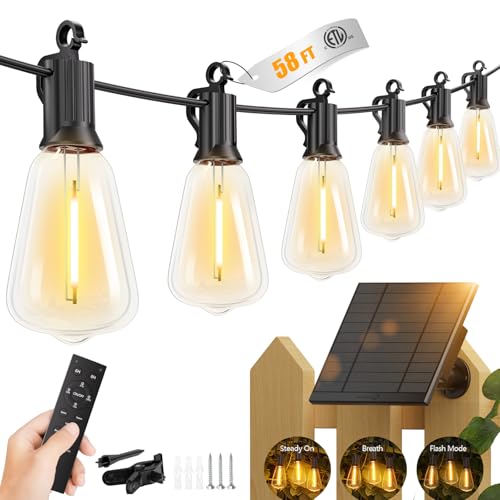 Brightown 58FT Solar String Lights Outdoor Waterproof with Remote, 25+1 LED Shatterproof Bulbs, Dimmable & Timable, 3 Light Modes - Commercial Grade Patio Lights for Garden Backyard Party Decor - size: 58FT(25 Sockets)