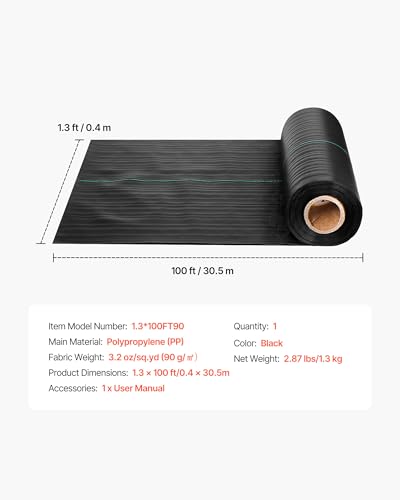 VEVOR Weed Barrier Fabric Heavy Duty, 1.3x100FT 3.2oz Landscape Fabric, Woven Weed Blocker Fabrics, Garden Fabrics Weeds Barrier, Weeds Control Ground Cover, Geotextile Webbing, Gardening Mat, Black - size: 1.3FT*100FT-3.2oz