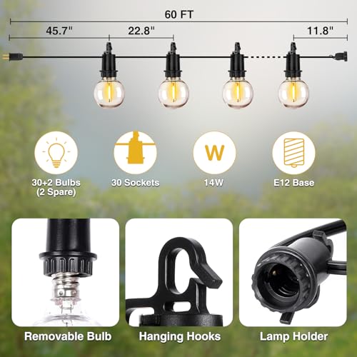 ZJOJO 60FT Outdoor String Lights, G40 Globe Outdoor Lights with 30 Shatterproof LED Bulbs (2 Spare), 2700K Hanging Waterproof Patio Light, Connectable String Lights for Outside Backyard Porch Party - size: 60FT