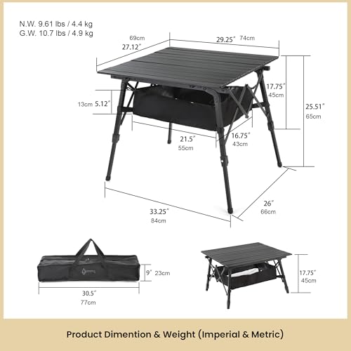 ARROWHEAD OUTDOOR 2-Pack 39" Aluminum Folding Camp Roll Up Table w/Adjustable Height, Undertable Mesh Storage, Carry Bag - color: Black 2pack