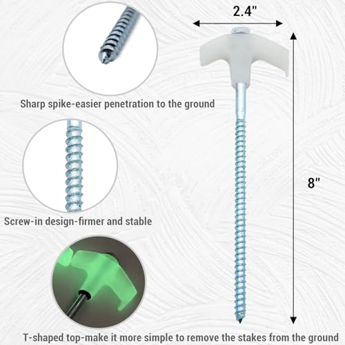 12 Pack Screw in Tent Stakes Heavy Duty-8” Metal Pegs for Ground, Drill in Camping Stake with Ratchet Tie Downs, Hex Head Driver, Spikes Puller, Protectors in a Carrying Bag, for Hiking - color: luminous with ratchets