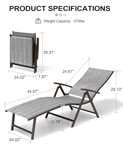 Crestlive Products 2PCS Chaise Lounge Chair Outdoor with 1PC Side Table, Aluminum Folding Patio Recliner Chair, Adjustable 8 Positions Assemble-Free - color: Dark Gray, size: 2 Pcs