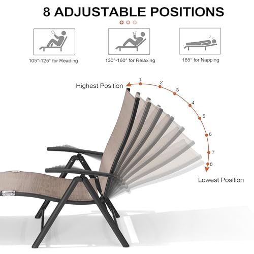 Crestlive Products 2PCS Chaise Lounge Chair Outdoor with 1PC Side Table, Aluminum Folding Patio Recliner Chair, Adjustable 8 Positions Assemble-Free - color: Espresso, size: 3 Pcs