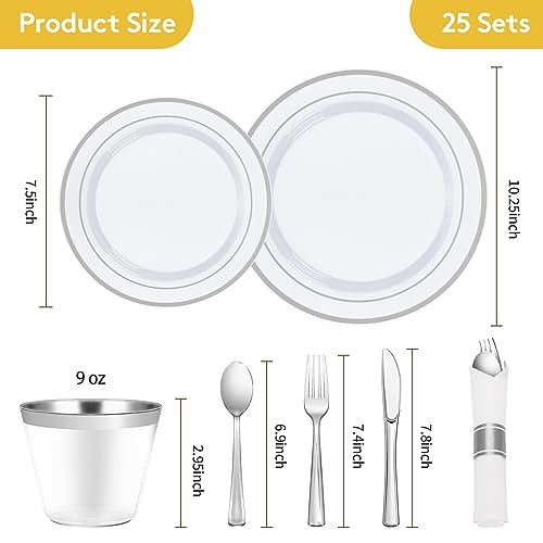 Goodluck 175 Piece Silver Plastic Dinnerware Set for 25 Guests, Fancy Disposable Plates for Party, Include: 25 Dinner Plates, 25 Dessert Plates, 25 Pre Rolled Napkins with Silver Silverware, 25 Cups - color: Silver, style: 175 Piece (25 guests)