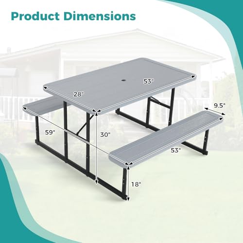 LDAILY Picnic Tables with Benches, Rectangular Dining Table Set for Outside 4 People, HDPE Tabletop, Metal Frame, Umbrella Hole, Heavy Duty Picnic Table for Outdoors, Patio, Lawn, Commercial (Gray) - color: Grey