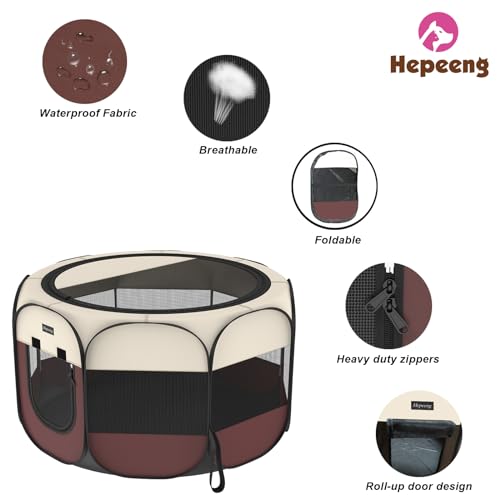 Portable Pet Puppy Dog Cat Playpen, 8-Panel Indoor/Outdoor Puppy Pen with Shade Cover & Travel Bag - Waterproof Dog Cat Tent - color: Brown, style: Large(45"x45"x24" with free bonus)
