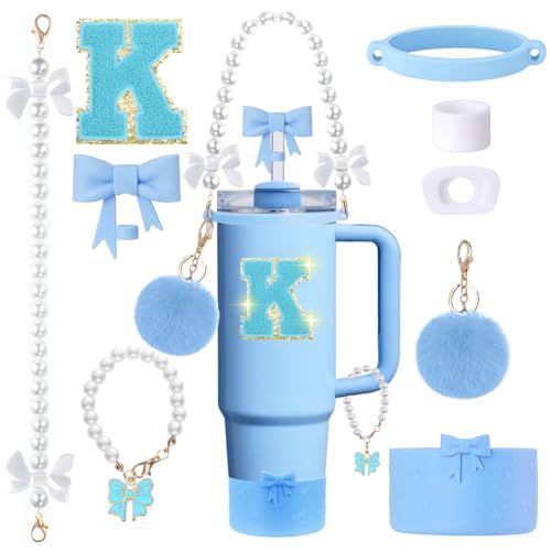 9pcs Stanley Cup Accessories Set- for 30oz 40oz Tumblers with Handle - Bule Kit Includes Bow Straw Topper and Boot, Charm, Pearl Handle Strap & Stickers - Aesthetic Girl Gifts (K) - color: K