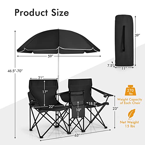 Double Camping Chair, 2-Person Portable Beach Chair w/Removable Umbrella, Cup Holders & Carrying Bag, Folding Loveseat Chairs for Adults Outdoor Picnic (Black) - color: Black