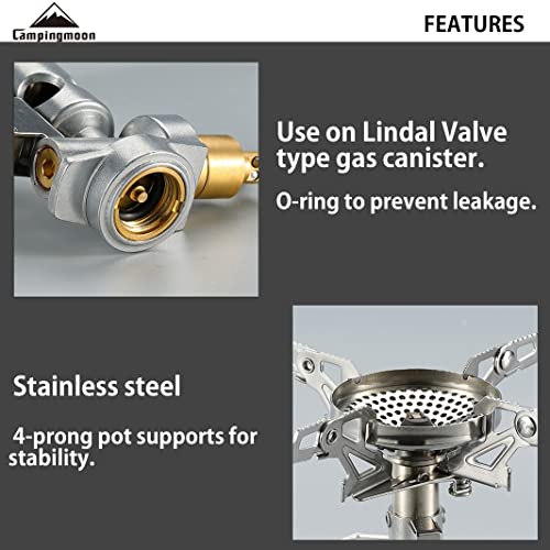 CAMPINGMOON Canister Top Stove Portable Compact Foldable w/Micro Regulator w/4Flex w/igniter XD-2F (Silver)