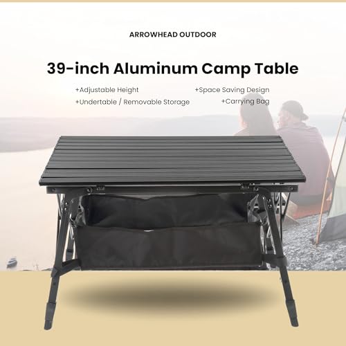 ARROWHEAD OUTDOOR 2-Pack 39" Aluminum Folding Camp Roll Up Table w/Adjustable Height, Undertable Mesh Storage, Carry Bag - color: Black 2pack