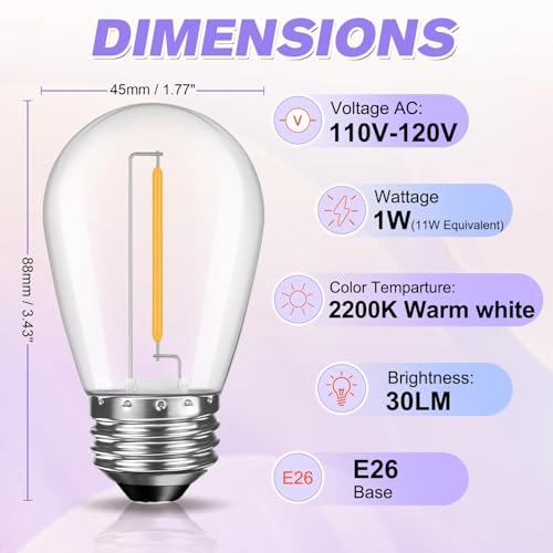 GvvooHome 64 Pack Shatterproof S14 LED Replacement Bulbs for Outdoor String Lights, 1W Equivalent to 11W Incandescent Bulb, Warm White 2200K, Dimmable, E26 Base - size: 64 Count