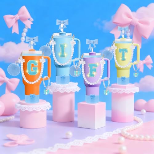 9pcs Stanley Cup Accessories Set- for 30oz 40oz Tumblers with Handle - Bule Kit Includes Bow Straw Topper and Boot, Charm, Pearl Handle Strap & Stickers - Aesthetic Girl Gifts (U) - color: U