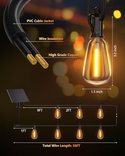 Brightown 58FT Solar String Lights Outdoor Waterproof with Remote, 25+1 LED Shatterproof Bulbs, Dimmable & Timable, 3 Light Modes - Commercial Grade Patio Lights for Garden Backyard Party Decor - size: 58FT(25 Sockets)