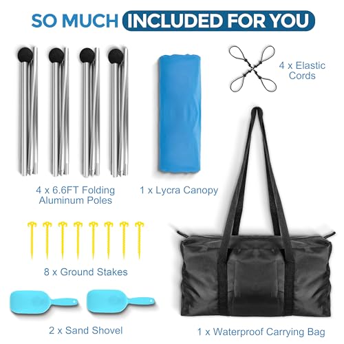 Beach Canopy Beach Tent Pop Up Shade 10x10ft Sun Shelter UPF50+ with 8 Sandbags-2 Sand Shovel-4 Aluminum Poles-Ground Pegs-Portable Carrying Bag for Outdoor Family Camping Fishing Yard Picnic - color: Turquoise