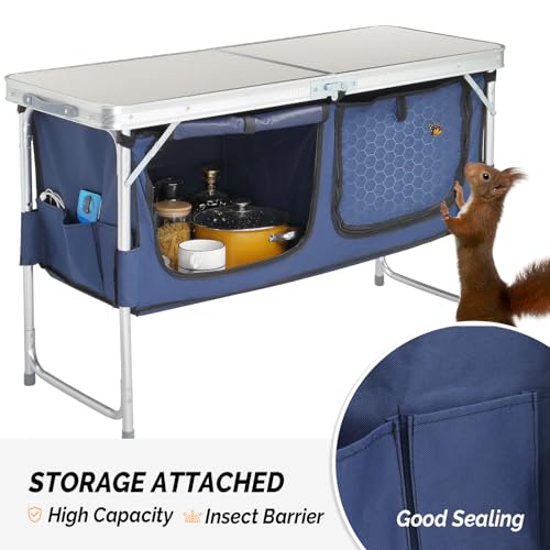 Folding Camping Table with Storage, 3 Height Adjustable, Lightweight, 4 Ft Outdoor Portable Kitchen Aluminum Table for BBQ, Picnic, Hiking, Beach, and Indoor