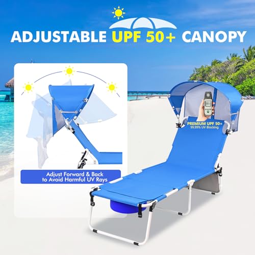 Wheel-To-Go Oversized Tanning Chair with Face Hole & Wheels | Portable Heavy Duty Folding Lounge Chair | Outside Sunbathing Reading Relaxing Beach Poolside Lawn | XL Wide | 330 LBS (Patent Design) - color: Royal Blue, style: Oversized + Sun Canopy Style