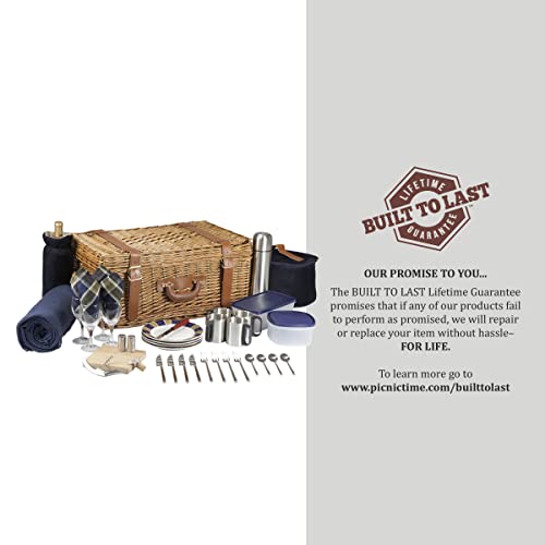 PICNIC TIME - Windsor Luxury Picnic Basket for 4 - Large Wicker Picnic Basket - Deluxe Picnic Set 4, (Navy Blue)