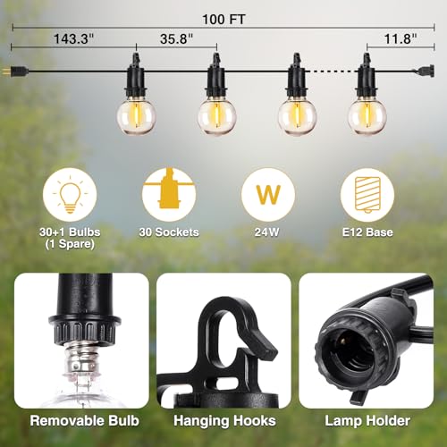 ZJOJO LED Outdoor String Lights,100FT Outdoor Lights for Patio with 32 Shatterproof Bulbs, 2700K Dimmable Waterproof Globe LED Patio Light Lights for Outside Christmas Backyard Bistro Porch Garden - size: 100FT-30