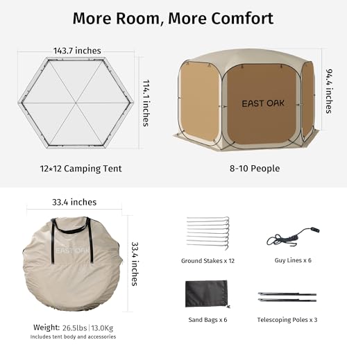 East Oak 12×12 FT Pop Up Canopy Tent with Mesh | Outdoor Screen House with 6 Sunshades | Instant Canopy with Portable Carry Bag | Gazebo Tent for Camping, Patio, and Beach | Beige - size: 12*12 FT