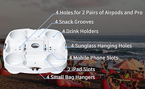 Myard 15'' Pro Universal Beach Umbrella Table Tray with Tablet Slots, Earpod Holds, Drink Holders, Snack Grooves, Phone Slots, Sunglasses Holes, Small Bag Hangers for Beach, Swimming Pool (White) - color: White