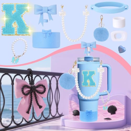9pcs Stanley Cup Accessories Set- for 30oz 40oz Tumblers with Handle - Bule Kit Includes Bow Straw Topper and Boot, Charm, Pearl Handle Strap & Stickers - Aesthetic Girl Gifts (E) - color: E