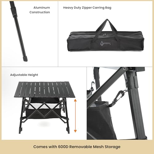 ARROWHEAD OUTDOOR 2-Pack 39" Aluminum Folding Camp Roll Up Table w/Adjustable Height, Undertable Mesh Storage, Carry Bag - color: Black 2pack