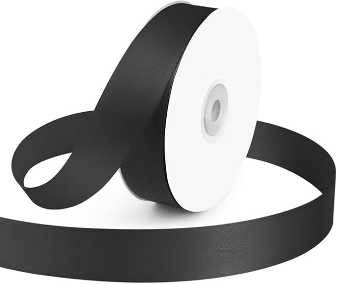 KMER LIFE 1 Inch Wide x 50 Yards Black Single Faced Polyester Satin Ribbon for Wedding Decor, Wreath, Crafts, Gift Wrapping & Other Projects