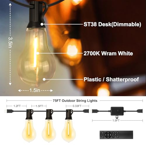 75FT Outdoor String Lights Waterproof with 50+4 Bulbs (1.5FT Bulbs Spacing), Remote & Dimmer, Commercial Patio String Lights with 3 Mode Light & Timing, 100PC Mounting Ties for Outside - size: 75FT With Remote