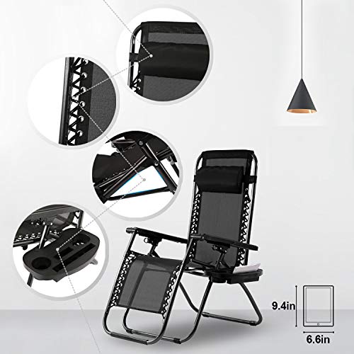 FDW Zero Gravity Lawn Lounge Chairs Set of 2 with Pillow and Cup Holder - Adjustable Reclining Folding Outdoor Chairs for Deck, Beach, Yard - color: Black