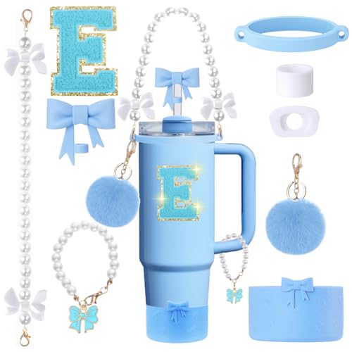 9pcs Stanley Cup Accessories Set- for 30oz 40oz Tumblers with Handle - Bule Kit Includes Bow Straw Topper and Boot, Charm, Pearl Handle Strap & Stickers - Aesthetic Girl Gifts (E) - color: E