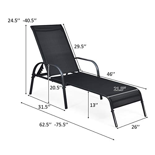 Giantex Patio Lounge Chair, Outdoor Chaise Lounge with 5 Adjustable Backrest, Sturdy Steel Frame, Sunbathing Recliner, Beach Chair, Tanning Chair for Outside, Yard, Balcony, Pool Chairs, Black - color: Black