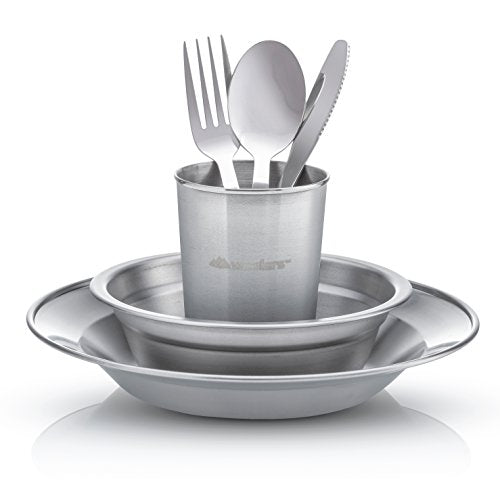 Unique Complete Messware Kit Polished Stainless Steel Dishes Set| Tableware| Dinnerware| Camping| Includes - Cups | Plates| Bowls| Cutlery| Comes in Mesh Bags - style: Single Person Set Orange