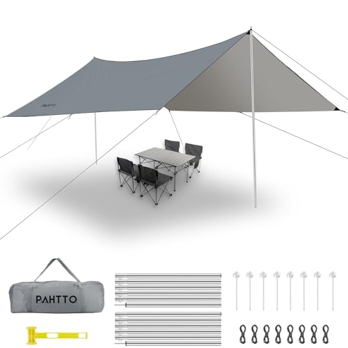 Camping Tarp with Poles, 16x12 Ft Camping Canopy, Waterproof Tent Tarp, Rain Shelter for Camping, Picnic,Beach, Outdoor Activities, Extra Large, Lightweight and UV Resistant, Extra Large, Grey