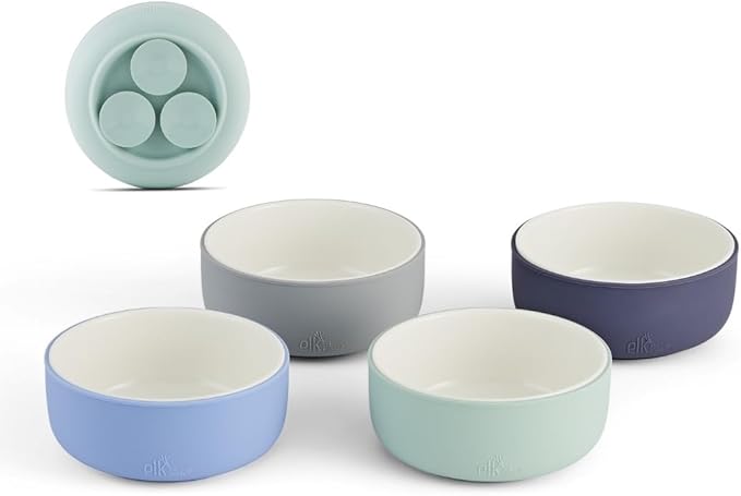 Elk and Friends Kids Porcelain Bowls with Silicone Suction Sleeve | Kids/Toddler/Baby Feeding | Microwave & Dishwasher Safe | Non slip | Cereal/Soup/Snack Dishes & Dinnerware