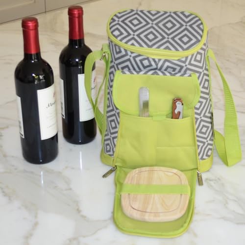 Picnic at Ascot Stylish 2 Bottle Insulated Wine Tote Bag With Cheese Board, Granite Grey/Green