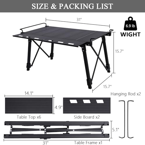 Aircity Folding Camping Table, Portable Folding Aluminum Table with Adjustable Height for BBQ, Camping, Picnic, Beach, Travel, and Outdoor Cooking