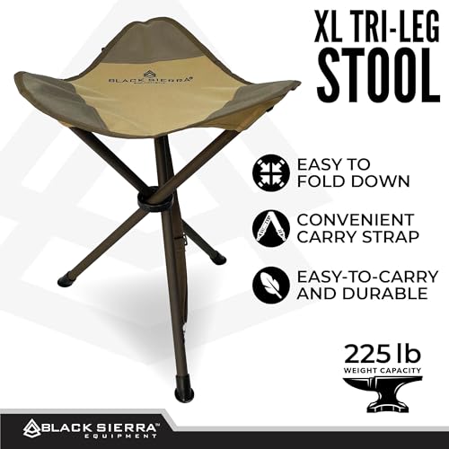 Black Sierra Folding Hunting Stool w/Shoulder Strap Supports 225 lbs, Lightweight Collapsible Tripod Seat, Foldable Steel Frame Chair Perfect for Hunting Blind, Fishing, Hiking, Travel - color: Tan