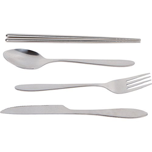 Reusable Travel Utensils with Case | Fork and Spoon Set with Knife, Chopsticks and Optional Reusable Straw– Office, Travel, or Camping Accessories| Lightweight Sturdy Reusable Utensils - color: 4pc Set - Navy Blue
