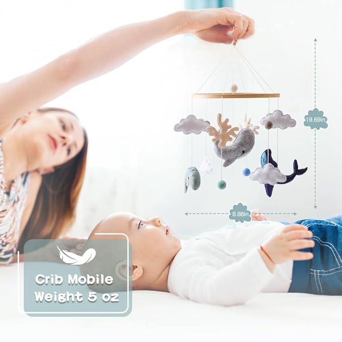 EERKEOD Baby Crib Mobile Ocean Nursery Mobile for Boys Girls Handmade Felt Mobile for Crib Nursery Decor for Infant Bedroom Hanging Baby Mobile for Bassinet Newborn Baby Gift（Whales）