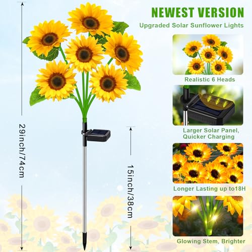 Sunflower Solar Lights Outdoor Decor, 6 Pack Solar Garden Decor Waterproof Solar Sunflower Outdoor Lights for Garden Patio,Flower Bed, Pathway, Gift for Women, Mom, Grandma (6 Pack) - style: Sunflower-6 Pack