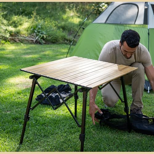 ARROWHEAD OUTDOOR 39" Aluminum Folding Camp Roll Up Table w/Adjustable Height, Undertable Mesh Storage, Carry Bag - color: Wood Grain