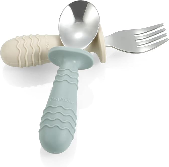 PandaEar 4 Set Baby Toddler Silicone Stainless Steel Utensils Silverware Spoon Fork for Baby Toddler BPA Free with Silicone Holding Anti-Choke Design