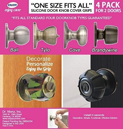 Enjoy Cover - Silicone Door knob Grips Maximum Grip Nonslip Arthritis & Senior Living Aids Grippy Easy Open Fits All Door Knob Universal Size Decorative 4 Pack (Black)