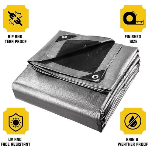 12 x 16ft Tarps Heavy Duty Thick Waterproof, Poly Canopy Silver + Black Tent Shelter Cover, 18 Mil Tarpaulin Shade, Rip and Tear Proof, UV Resistant Tarpaulin with Grommets and Reinforced Edges - color: Silver+black（18mil）, size: 12 x 16ft