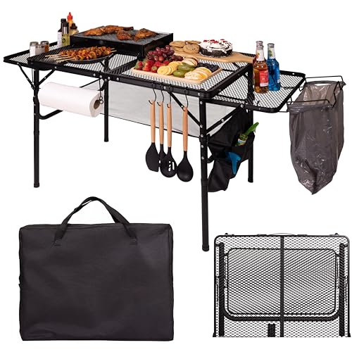 Folding Table w/ Carry Bag, Paper Towel Holder, Garbage Holder, Wing Panels, 3x2 FT Foldable Table for Portable Grill, Picnic, Outdoor, Beach, Small Folding Table Adjustable Height,Camping Table, BBQ