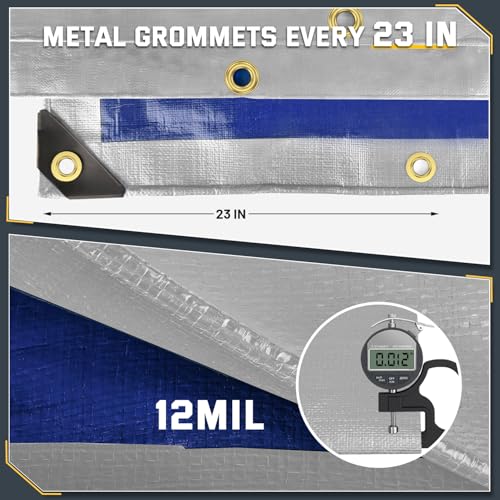 Kesfitt 12 Mil Heavy Duty Waterproof Tarp with Metal Grommets, 8x12 ft, Silver & Blue Reversible Poly Tarp for Outdoor Protection, Yard, Worksite, Pools, Vehicles, Equipment Coverage - size: 8x12 ft