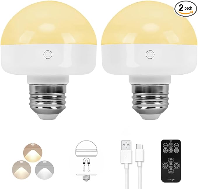 BLUEYE Rechargeable Battery Operated Light Bulb,2Packs,300LM,40W Equivalent,E26 Detachable Charging(E12 available),4 Color Temperature,Remote Control Puck Emergency Lamp,Timer,Dimmer,For Non-Hardwired