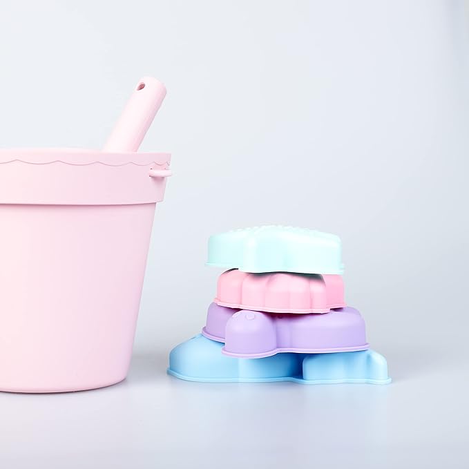 BLUE GINKGO Silicone Beach Toys - Modern Travel Friendly Set | Bucket, Shovel, 4 Sand Molds, Beach Bag | Sand Toys for Toddlers, Kids - Pink